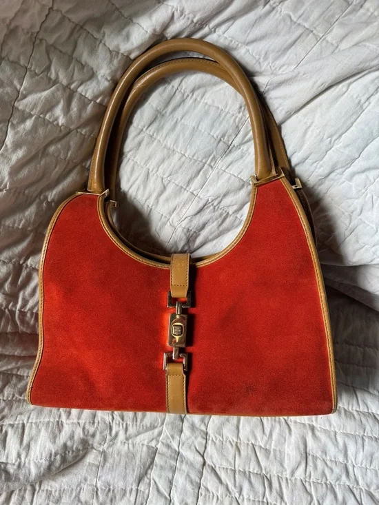RARE GUCCI Vintage Red Orange Suede Jackie Bag Top-Handle Shoulder Bag - Picture 12 of 16